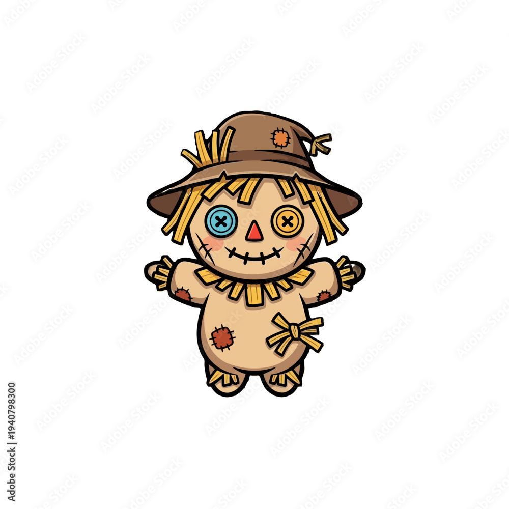 Fototapeta premium A cartoon scarecrow with a hat and straw body standing.