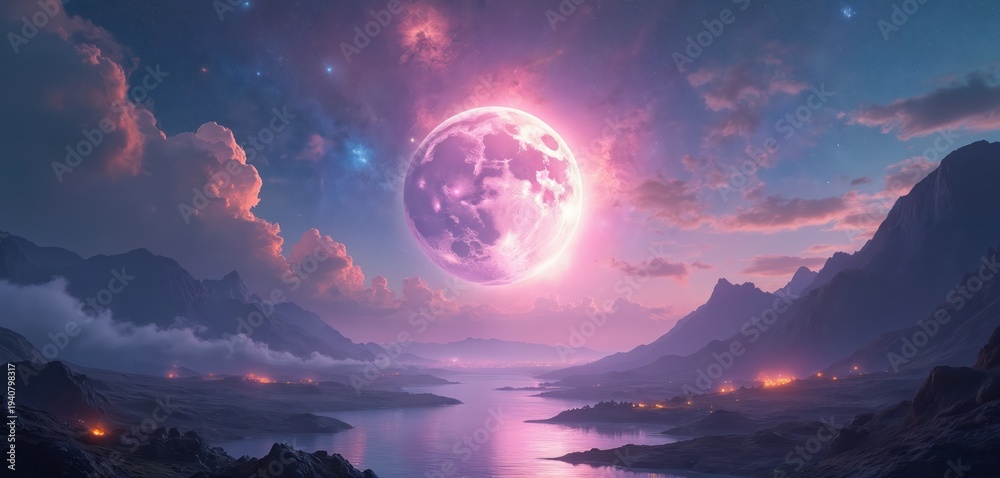 Fototapeta premium Vast alien planet landscape under giant pink moon. Rocky mountains reflect glow in calm water bay. Distant lights suggest settlement. Stars shine in colorful sky.
