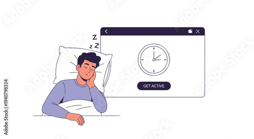 Vector illustration of man sleeping with insomnia and alarm clock on screen