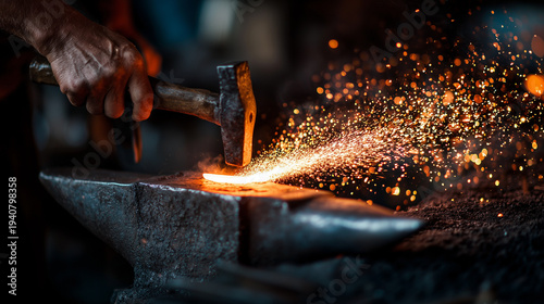 Ai blacksmith working in a forge, shaping metal with hammer, creating sparks and heat from anvil