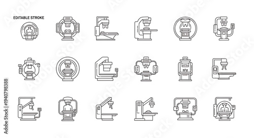 A set of editable stroke vector icons depicting various medical MRI machine designs in a flat, minimalist style.