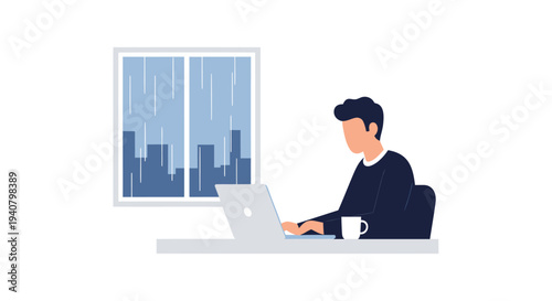 Vector illustration of man working on laptop at desk by window