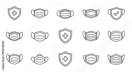 A set of vector icons depicting medical masks and shields with crosses, symbolizing health and protection.