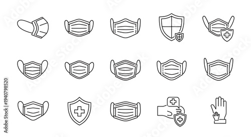 A set of vector graphic icons depicting various medical face masks and protective symbols