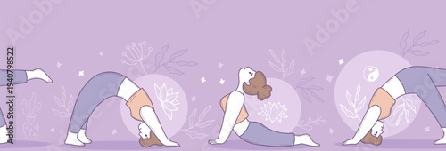 Yoga Woman Seamless Border. Fitness Banner With feminine Poses Asanas, Lotus, Yin Yang And Floral Doodle Elements. Vector Horizontal Illustration.