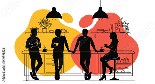 Vector illustration of 4 people socializing at a bar with colorful background