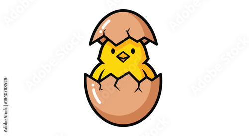 A small, fluffy yellow chick with an orange beak is shown hatching from a light brown, cracked eggshell on a clean white background.