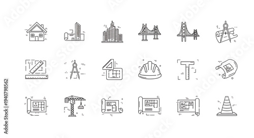 A set of construction icons in a flat, minimal design style, featuring various building and engineering symbols.