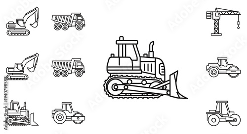 A set of construction vehicles illustrated in a minimalist black and white line art style