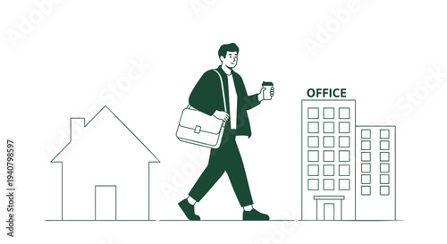 Vector illustration of businessman walking with phone and briefcase near office building and house