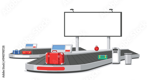 An illustration shows two airport baggage claim carousels with multiple colorful suitcases and a large blank billboard overhead.