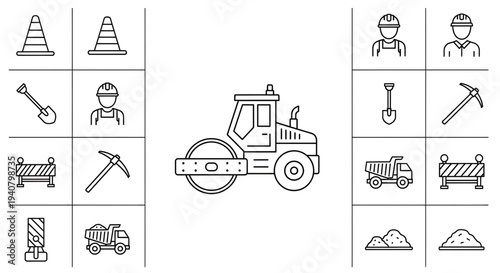 A set of construction icons including a road roller, workers, and various tools on a white background