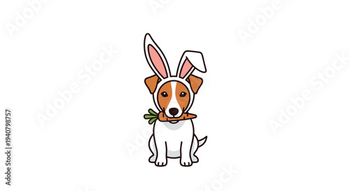 A cute Jack Russell Terrier dog is sitting, wearing white bunny ears and holding a fresh green carrot in its mouth.