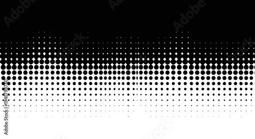Black halftone dots, horizontal gradient pattern of diverse circular points isolated on white background