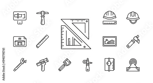 A set of construction tools and equipment icons in a flat, minimalist design style