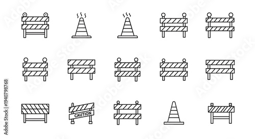 A set of construction signs and barriers in a minimalist line art style