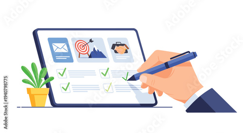 A human hand holds a blue pen, marking green checkmarks on a digital tablet screen displaying various business-related icons.