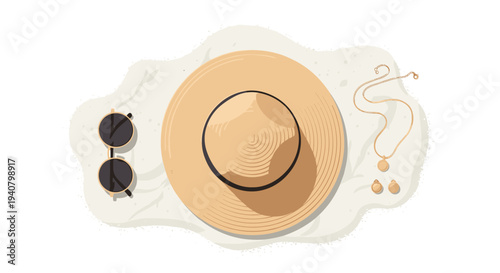 A wide-brimmed straw hat, dark round sunglasses, and elegant gold jewelry are neatly arranged in a flat lay composition on a textured light beige surface.