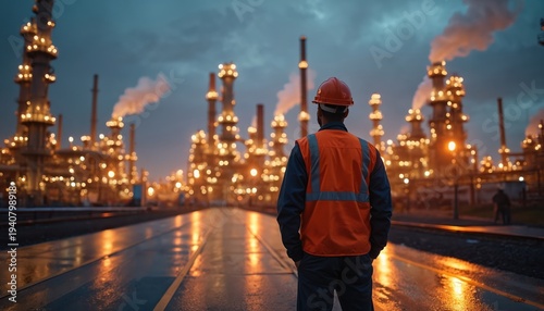 Industrial worker in safety vest and hard hat views large illuminated refinery complex at night. Smokestacks emit plumes as steam rises. Workers oversee plant operations.