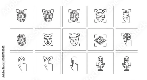 A set of line art icons representing various biometric authentication methods and digital security symbols.