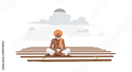 An elderly Indian farmer, dressed in a traditional orange turban and white dhoti, sits peacefully cross-legged in a vast tilled field with young green sprouts under a cloudy grey sky.