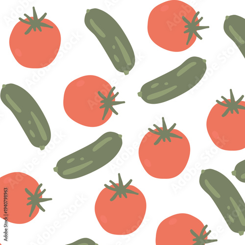 Art & Illustration Flat vector vegetable pattern with carrots and tomatoes, seamless food background	
