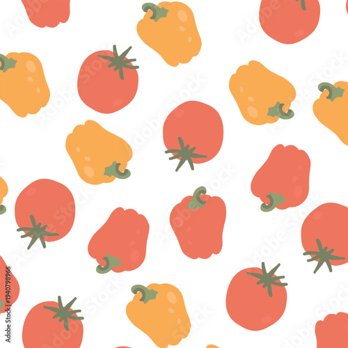 Art & Illustration Flat vector vegetable pattern with carrots and tomatoes, seamless food background	

