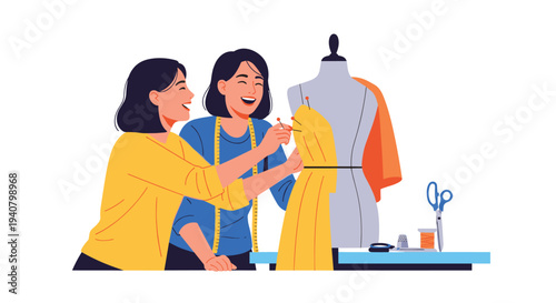 Two cheerful female fashion designers are meticulously pinning and adjusting a vibrant yellow dress on a grey mannequin, surrounded by various sewing tools on a light blue table.