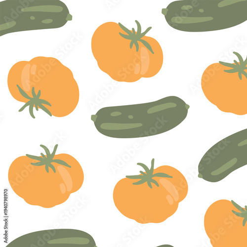 Art & Illustration Flat vector vegetable pattern with carrots and tomatoes, seamless food background	
