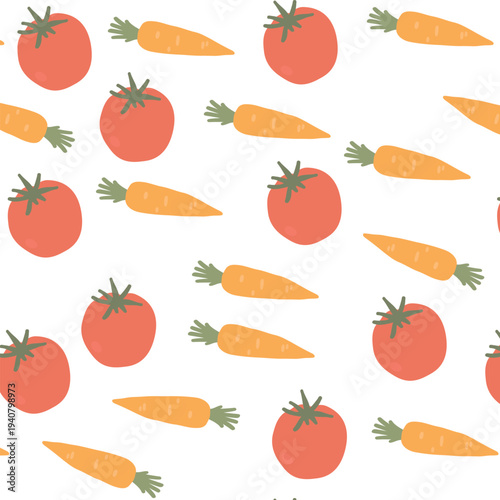 Art & Illustration Flat vector vegetable pattern with carrots and tomatoes, seamless food background	
