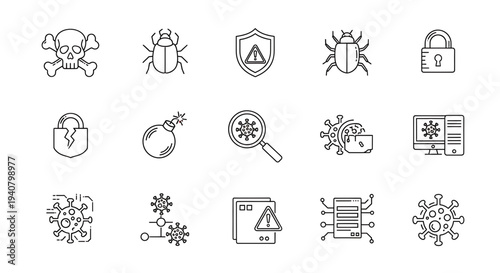 A set of vector icons representing various cybersecurity threats and warnings in a minimalist flat design style