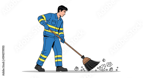 An illustrated male street sweeper in a blue uniform with yellow stripes sweeps a pile of grey debris with a brown broom on a plain white ground.