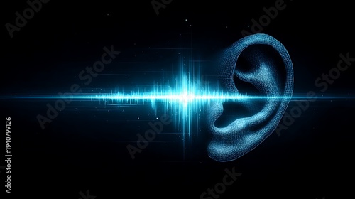 A glowing blue ear with a sound wave emanating from it in a dark background
