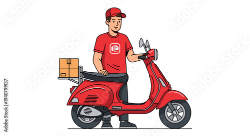 An illustrated smiling male delivery driver in a red uniform and cap stands beside a red vintage-style scooter with two packages on its rear rack.