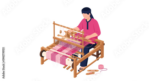 An isometric illustration shows a woman in a pink shirt seated at a wooden loom, actively weaving a vibrant pink and white patterned fabric.