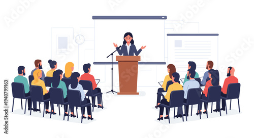 A detailed illustration shows a female speaker in a dark suit standing at a wooden podium, addressing an audience of diverse individuals in a conference room.