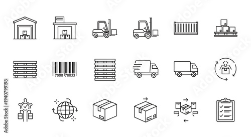 A set of minimalist line art icons depicting various logistics and shipping concepts