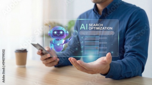 Person using smartphone for AI search optimization with 3d robot icon