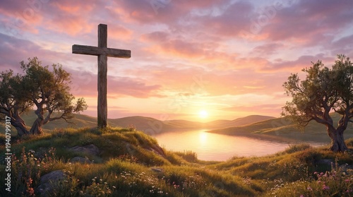 Wooden cross on a hill by the lake at sunset for christianity and faith