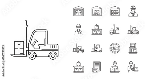A set of vector icons depicting warehouse and logistics symbols, including forklifts, workers, and buildings.
