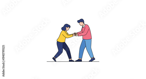 A man in a pink shirt and a woman in a yellow shirt are engaged in a pulling motion, holding hands on a black line.