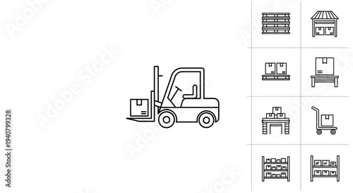 A set of warehouse icons including a forklift and shelving units in a flat minimal design style