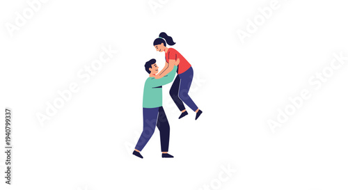A man in a teal shirt playfully lifts a smiling woman in a red shirt, suspending her in the air against a white background.