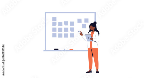 Vector illustration of woman presenting on whiteboard with blue squares