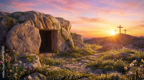 Empty tomb of Jesus with three crosses on a hill at sunrise for Easter