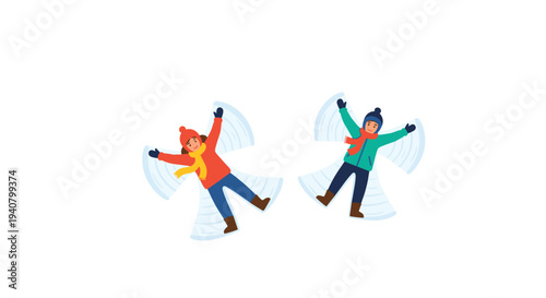 Two children, dressed in winter coats and scarves, lie on their backs making distinct snow angel patterns in white snow.