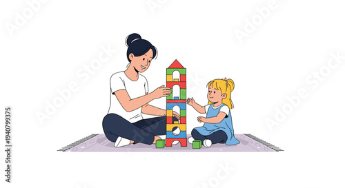 A smiling mother and a young child sit on a patterned rug, building a tall, colorful tower of wooden blocks.