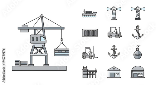 A set of industrial and nautical vector icons featuring a crane, cargo ship, lighthouse, and other harbor-related symbols