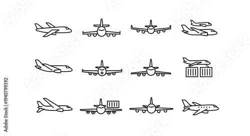 A set of minimalist airplane icons in flat line art style for aviation and travel design