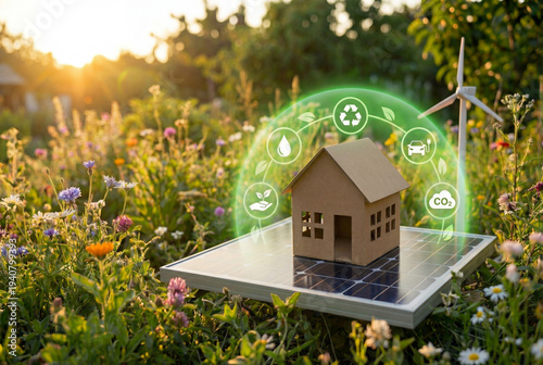 Paper house on solar panel in flower garden with sustainability icons